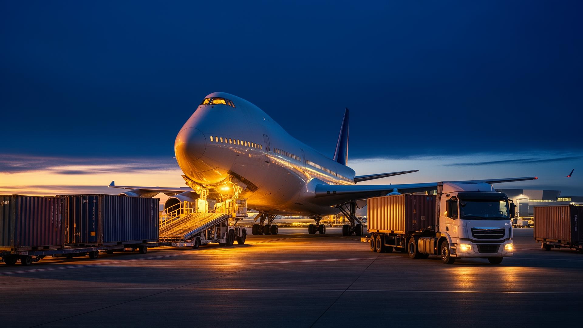Cargo aircraft loading at dawn alongside containers and a freight truck